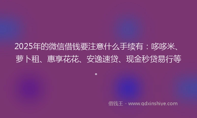 2025年的微信借钱要注意什么手续有：哆哆米、萝卜租、惠享花花、安逸速贷、现金秒贷易行等。