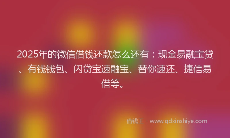 2025年的微信借钱还款怎么还有：现金易融宝贷、有钱钱包、闪贷宝速融宝、替你速还、捷信易借等。