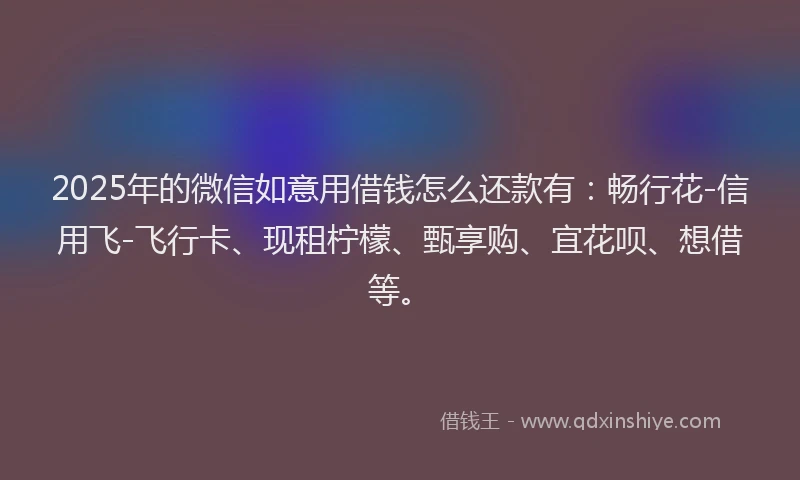 2025年的微信如意用借钱怎么还款有：畅行花-信用飞-飞行卡、现租柠檬、甄享购、宜花呗、想借等。
