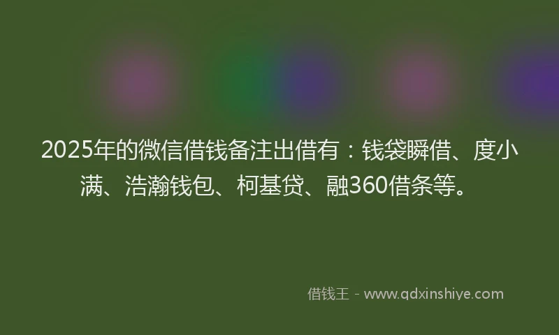 2025年的微信借钱备注出借有：钱袋瞬借、度小满、浩瀚钱包、柯基贷、融360借条等。