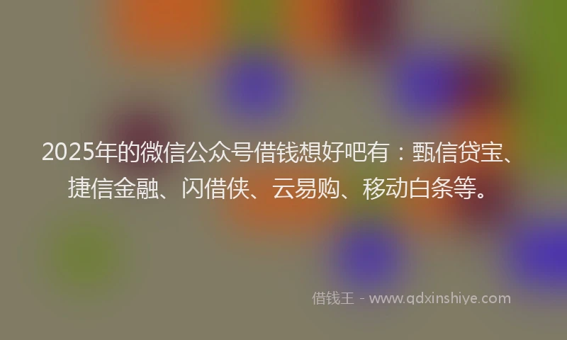 2025年的微信公众号借钱想好吧有：甄信贷宝、捷信金融、闪借侠、云易购、移动白条等。