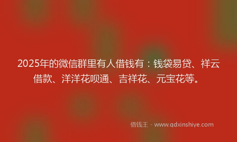 2025年的微信群里有人借钱有：钱袋易贷、祥云借款、洋洋花呗通、吉祥花、元宝花等。
