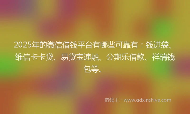 2025年的微信借钱平台有哪些可靠有：钱进袋、维信卡卡贷、易贷宝速融、分期乐借款、祥瑞钱包等。