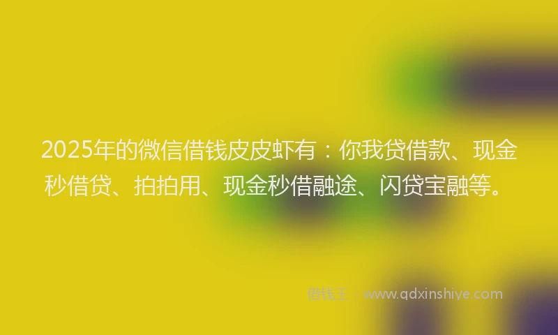 2025年的微信借钱皮皮虾有：你我贷借款、现金秒借贷、拍拍用、现金秒借融途、闪贷宝融等。
