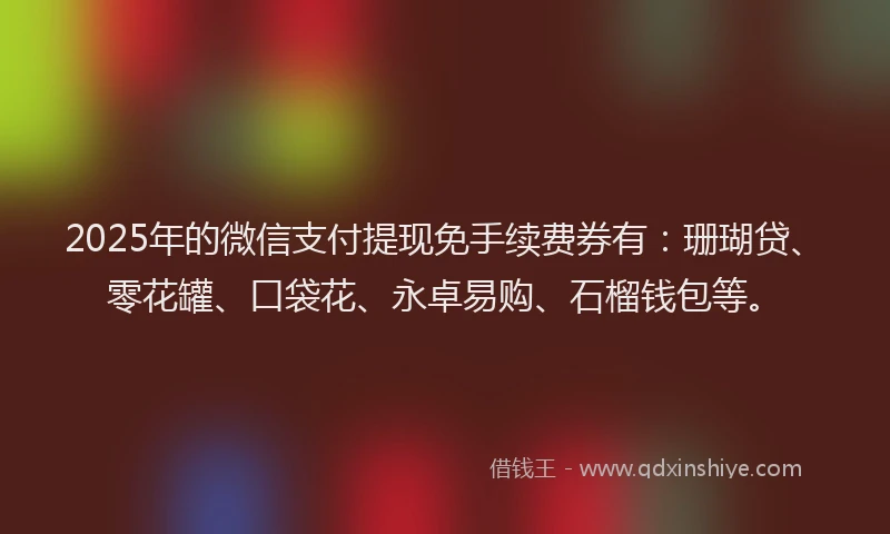 2025年的微信支付提现免手续费券有：珊瑚贷、零花罐、口袋花、永卓易购、石榴钱包等。