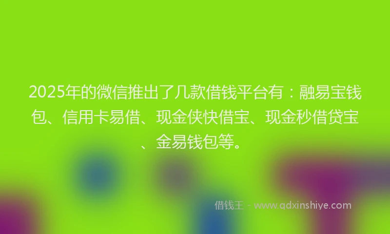 2025年的微信推出了几款借钱平台有：融易宝钱包、信用卡易借、现金侠快借宝、现金秒借贷宝、金易钱包等。