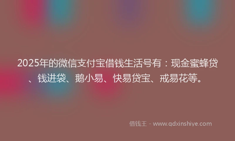 2025年的微信支付宝借钱生活号有：现金蜜蜂贷、钱进袋、鹅小易、快易贷宝、戒易花等。