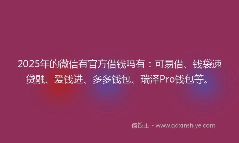 2025年的微信有官方借钱吗有：可易借、钱袋速贷融、爱钱进、多多钱包、瑞泽Pro钱包等。