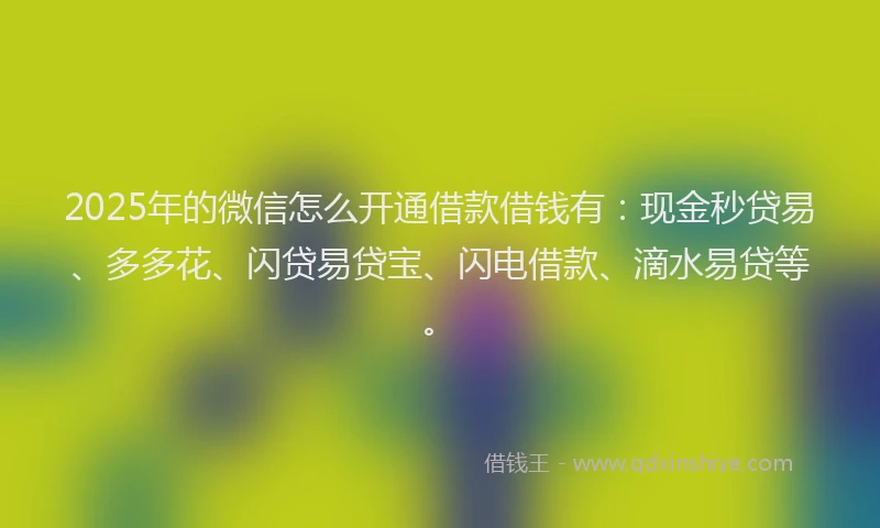 2025年的微信怎么开通借款借钱有：现金秒贷易、多多花、闪贷易贷宝、闪电借款、滴水易贷等。