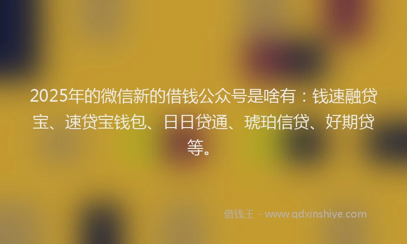 2025年的微信新的借钱公众号是啥有：钱速融贷宝、速贷宝钱包、日日贷通、琥珀信贷、好期贷等。