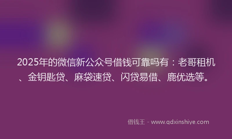 2025年的微信新公众号借钱可靠吗有：老哥租机、金钥匙贷、麻袋速贷、闪贷易借、鹿优选等。
