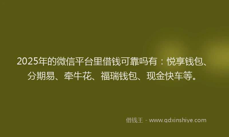 2025年的微信平台里借钱可靠吗有：悦享钱包、分期易、牵牛花、福瑞钱包、现金快车等。