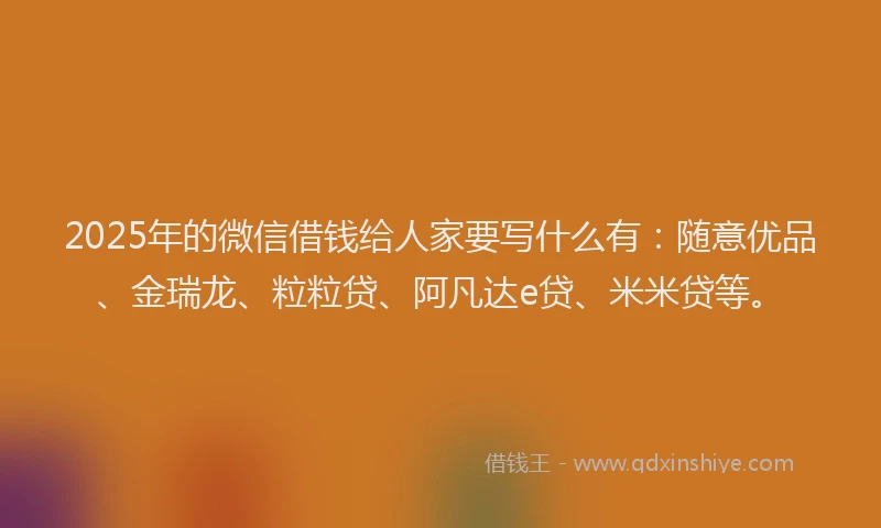 2025年的微信借钱给人家要写什么有：随意优品、金瑞龙、粒粒贷、阿凡达e贷、米米贷等。