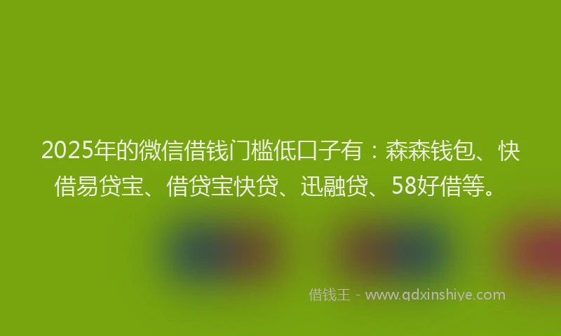 2025年的微信借钱门槛低口子有：森森钱包、快借易贷宝、借贷宝快贷、迅融贷、58好借等。