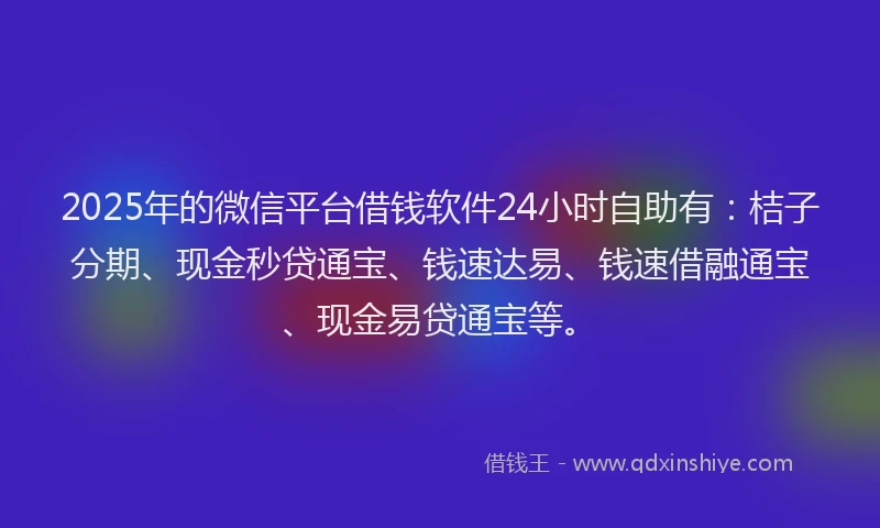 2025年的微信平台借钱软件24小时自助有：桔子分期、现金秒贷通宝、钱速达易、钱速借融通宝、现金易贷通宝等。
