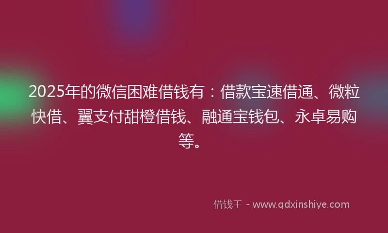 2025年的微信困难借钱有：借款宝速借通、微粒快借、翼支付甜橙借钱、融通宝钱包、永卓易购等。