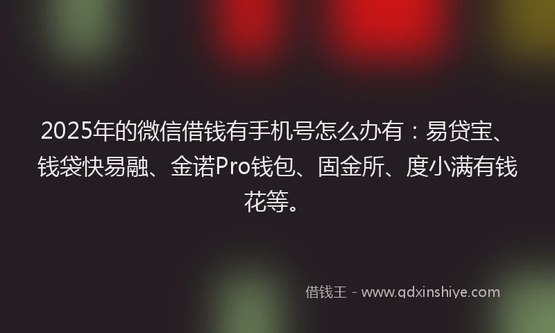 2025年的微信借钱有手机号怎么办有：易贷宝、钱袋快易融、金诺Pro钱包、固金所、度小满有钱花等。