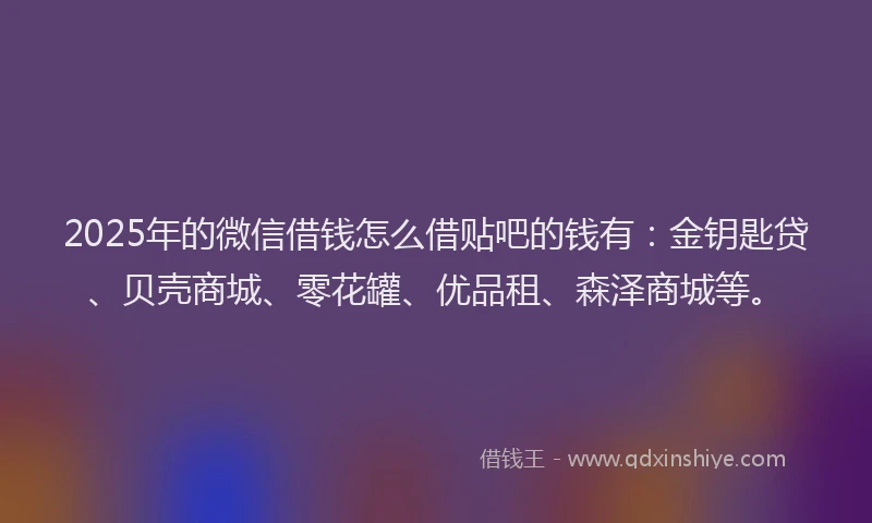 2025年的微信借钱怎么借贴吧的钱有：金钥匙贷、贝壳商城、零花罐、优品租、森泽商城等。