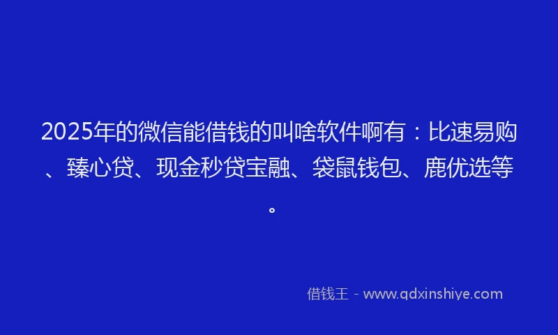 2025年的微信能借钱的叫啥软件啊有：比速易购、臻心贷、现金秒贷宝融、袋鼠钱包、鹿优选等。