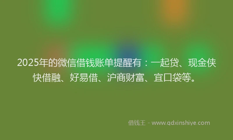 2025年的微信借钱账单提醒有：一起贷、现金侠快借融、好易借、沪商财富、宜口袋等。