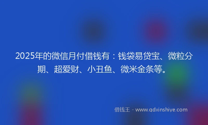 2025年的微信月付借钱有：钱袋易贷宝、微粒分期、超爱财、小丑鱼、微米金条等。