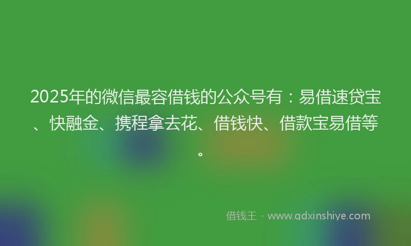 2025年的微信最容借钱的公众号有：易借速贷宝、快融金、携程拿去花、借钱快、借款宝易借等。