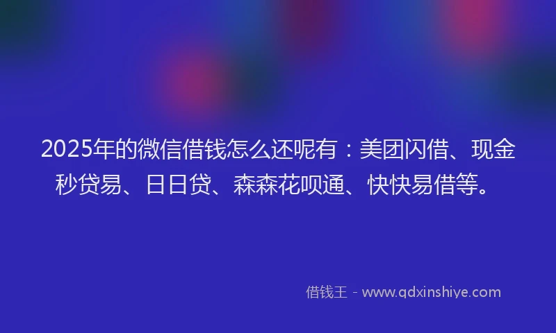 2025年的微信借钱怎么还呢有：美团闪借、现金秒贷易、日日贷、森森花呗通、快快易借等。