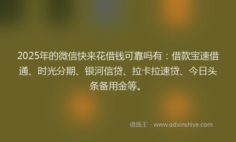 2025年的微信快来花借钱可靠吗有：借款宝速借通、时光分期、银河信贷、拉卡拉速贷、今日头条备用金等。