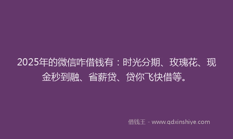 2025年的微信咋借钱有：时光分期、玫瑰花、现金秒到融、省薪贷、贷你飞快借等。