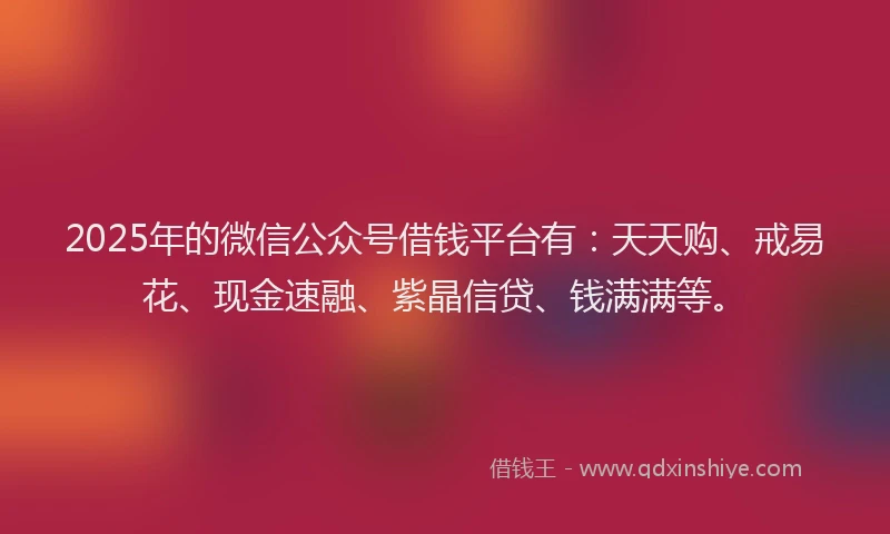 2025年的微信公众号借钱平台有：天天购、戒易花、现金速融、紫晶信贷、钱满满等。