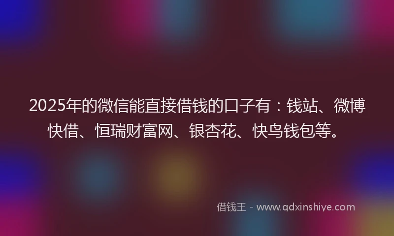 2025年的微信能直接借钱的口子有：钱站、微博快借、恒瑞财富网、银杏花、快鸟钱包等。