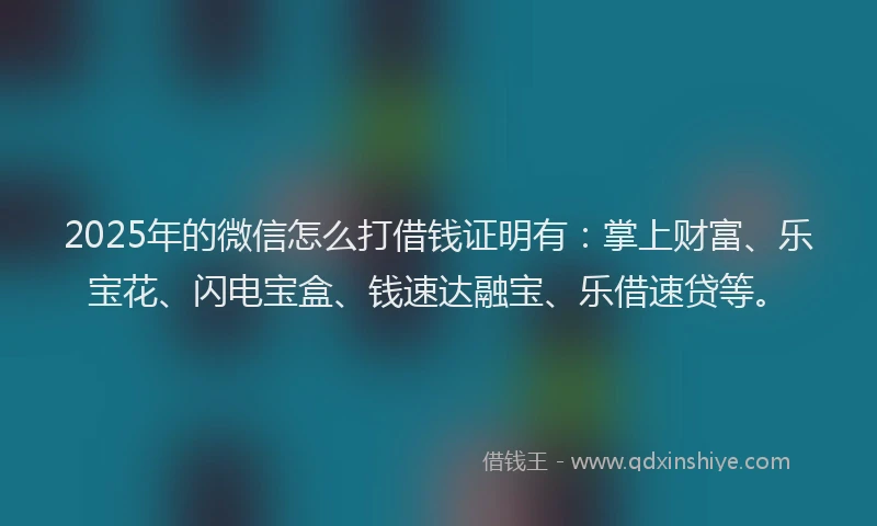 2025年的微信怎么打借钱证明有：掌上财富、乐宝花、闪电宝盒、钱速达融宝、乐借速贷等。