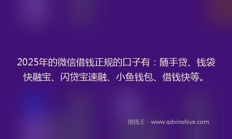 2025年的微信借钱正规的口子有：随手贷、钱袋快融宝、闪贷宝速融、小鱼钱包、借钱快等。