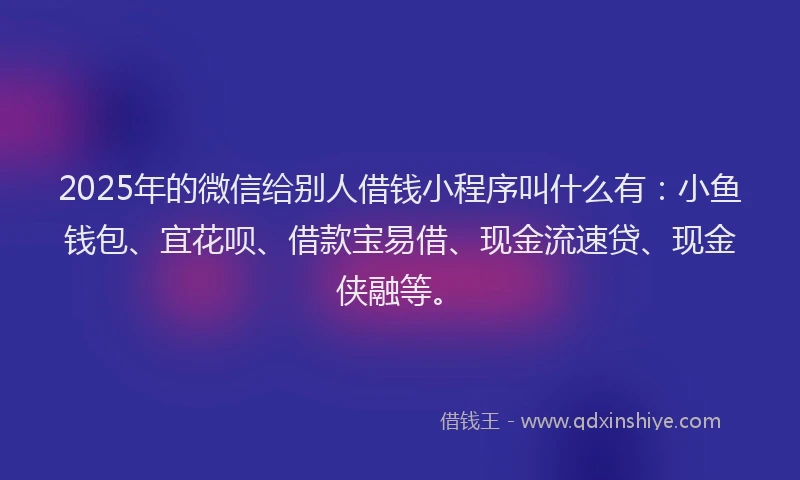 2025年的微信给别人借钱小程序叫什么有：小鱼钱包、宜花呗、借款宝易借、现金流速贷、现金侠融等。