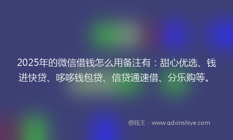 2025年的微信借钱怎么用备注有：甜心优选、钱进快贷、哆哆钱包贷、信贷通速借、分乐购等。