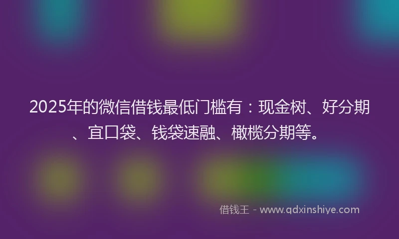 2025年的微信借钱最低门槛有：现金树、好分期、宜口袋、钱袋速融、橄榄分期等。