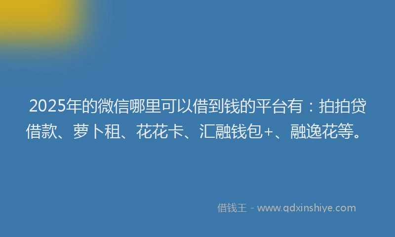 2025年的微信哪里可以借到钱的平台有：拍拍贷借款、萝卜租、花花卡、汇融钱包+、融逸花等。