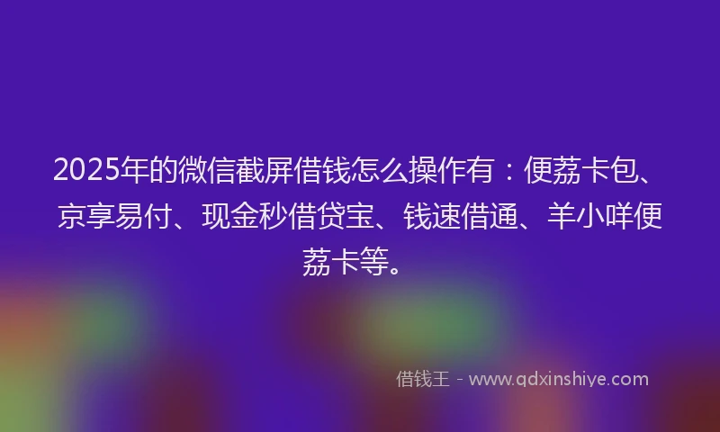 2025年的微信截屏借钱怎么操作有：便荔卡包、京享易付、现金秒借贷宝、钱速借通、羊小咩便荔卡等。