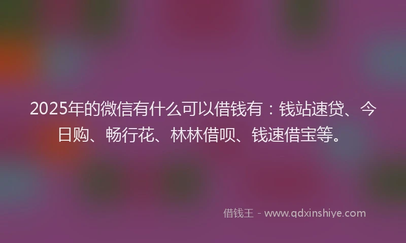 2025年的微信有什么可以借钱有：钱站速贷、今日购、畅行花、林林借呗、钱速借宝等。