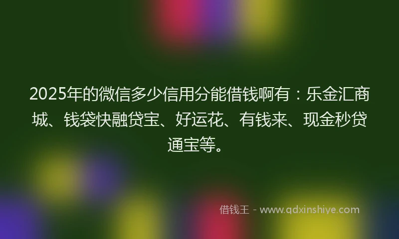 2025年的微信多少信用分能借钱啊有：乐金汇商城、钱袋快融贷宝、好运花、有钱来、现金秒贷通宝等。
