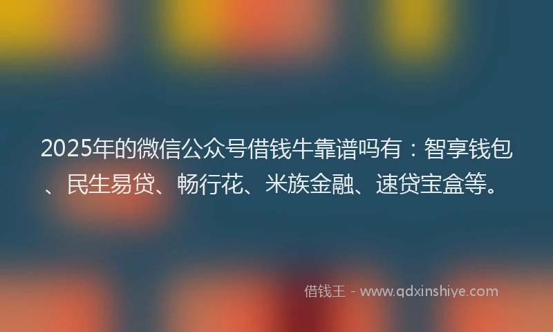 2025年的微信公众号借钱牛靠谱吗有：智享钱包、民生易贷、畅行花、米族金融、速贷宝盒等。