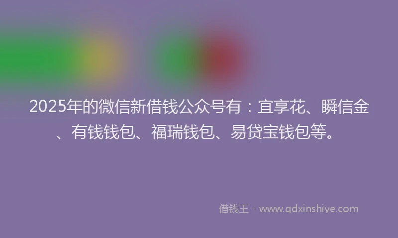 2025年的微信新借钱公众号有：宜享花、瞬信金、有钱钱包、福瑞钱包、易贷宝钱包等。