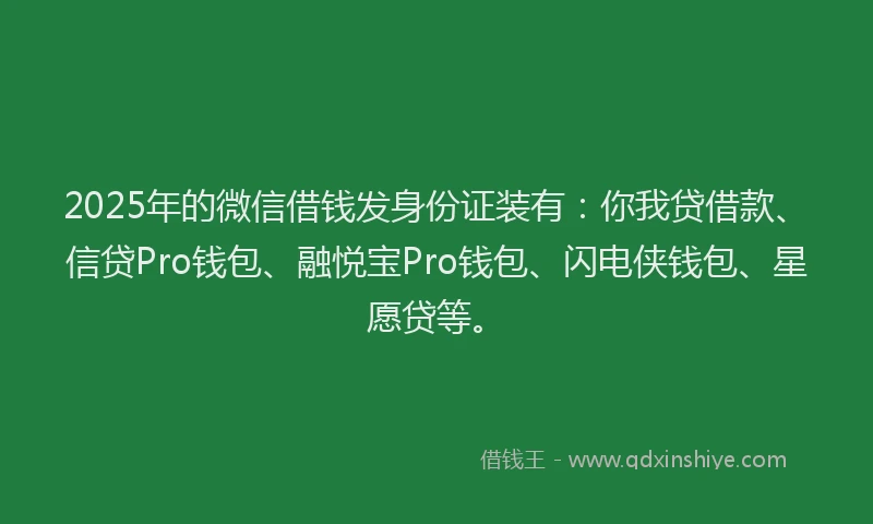 2025年的微信借钱发身份证装有：你我贷借款、信贷Pro钱包、融悦宝Pro钱包、闪电侠钱包、星愿贷等。