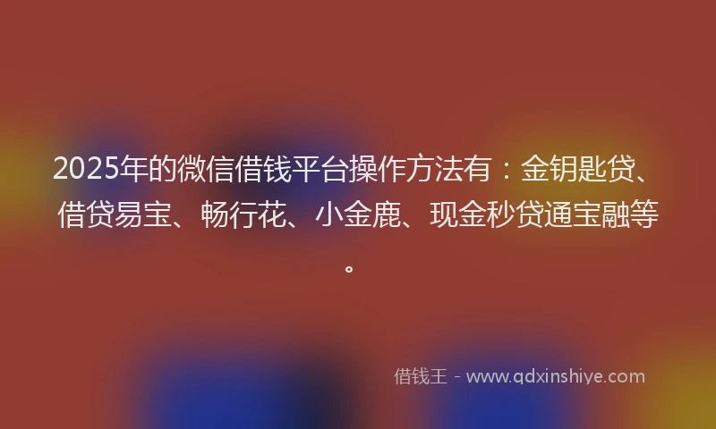 2025年的微信借钱平台操作方法有：金钥匙贷、借贷易宝、畅行花、小金鹿、现金秒贷通宝融等。