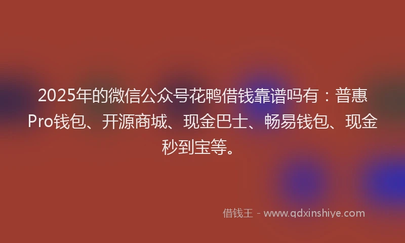 2025年的微信公众号花鸭借钱靠谱吗有：普惠Pro钱包、开源商城、现金巴士、畅易钱包、现金秒到宝等。