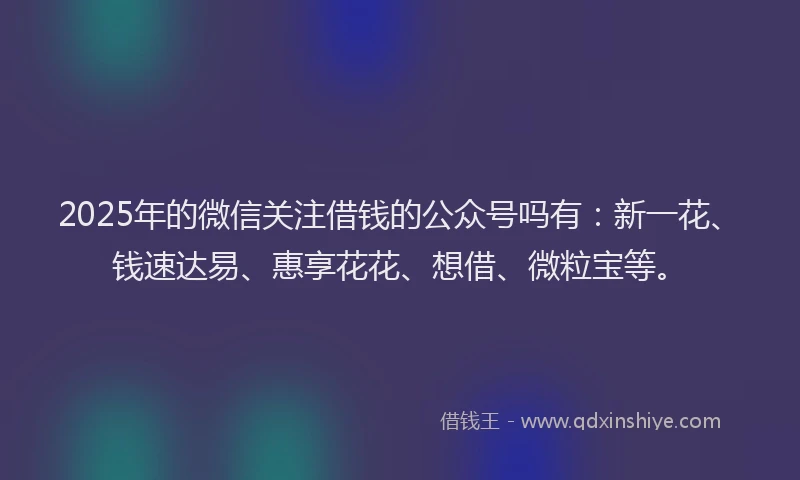 2025年的微信关注借钱的公众号吗有：新一花、钱速达易、惠享花花、想借、微粒宝等。