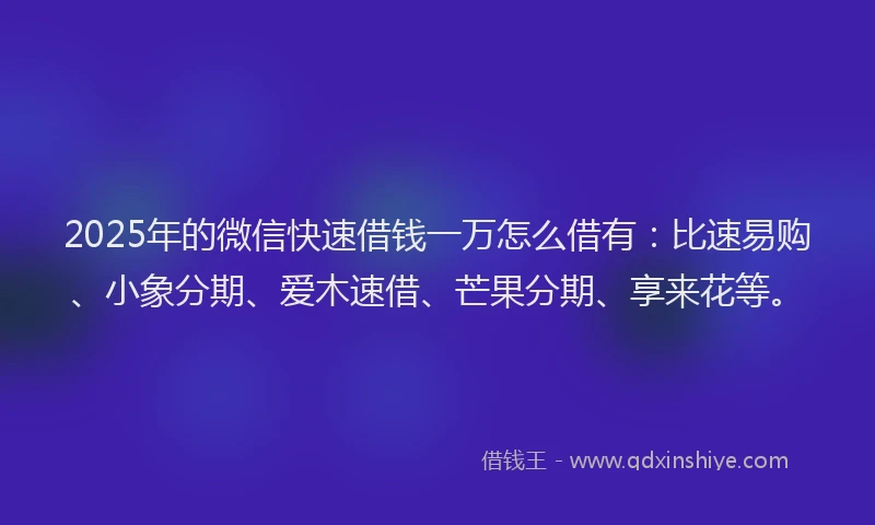 2025年的微信快速借钱一万怎么借有：比速易购、小象分期、爱木速借、芒果分期、享来花等。