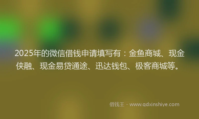 2025年的微信借钱申请填写有：金鱼商城、现金侠融、现金易贷通途、迅达钱包、极客商城等。