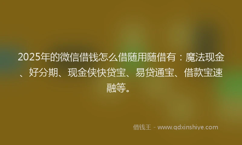 2025年的微信借钱怎么借随用随借有：魔法现金、好分期、现金侠快贷宝、易贷通宝、借款宝速融等。