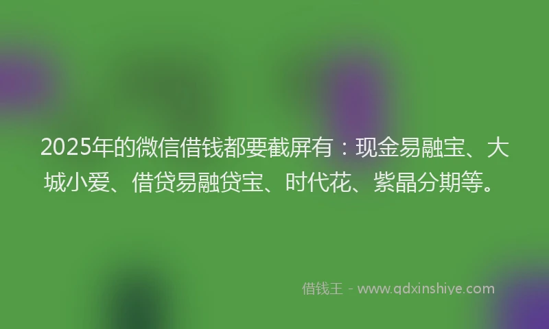 2025年的微信借钱都要截屏有：现金易融宝、大城小爱、借贷易融贷宝、时代花、紫晶分期等。